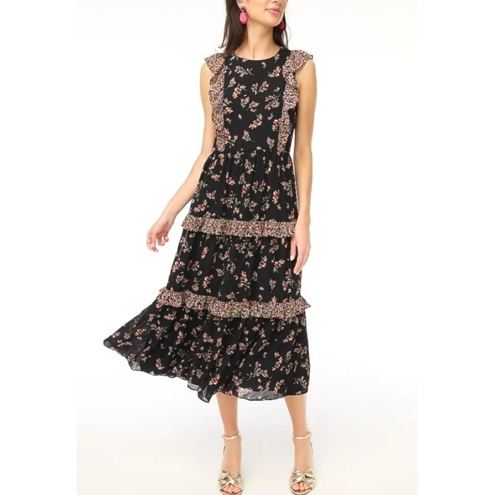 J Crew Floral Tiered Ruffle Midi Dress 14 Black Cottage Feminine Garden Party